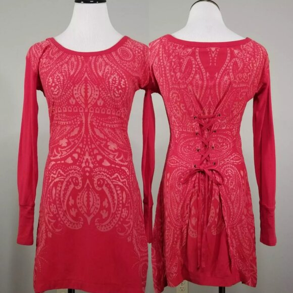Athleta Lace Up Back Corset Dress XS Red Jacquard Burnout Long Sleeve Stretch - Picture 1 of 14